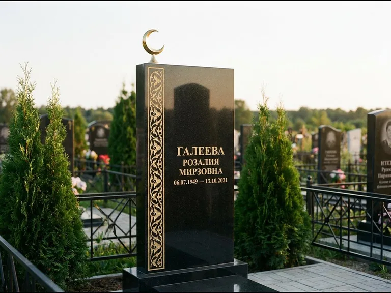 Памятник с гравировкой полумесяца — золочёный полумесяц и колонна растительного орнамента-ислими, работа «Галеева» в Нижневартовске