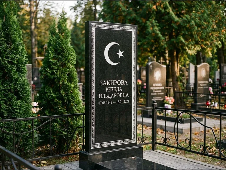 Памятник с гравировкой полумесяца — строгая белая гравировка полумесяца со звездой и орнаменталь, работа «Закирова» в Нижневартовске
