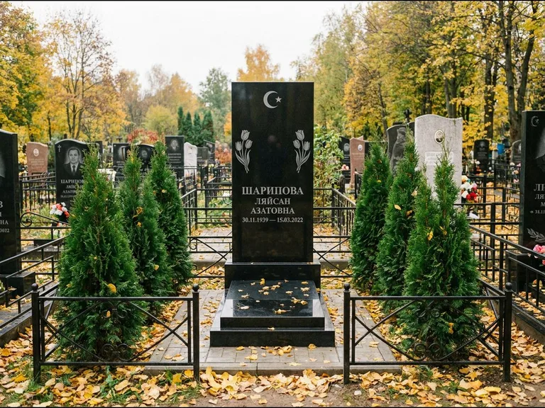 Памятник с гравировкой полумесяца — гравировка полумесяца со звездой и тюльпанами по бокам, работа «Шарипова» в Нижневартовске
