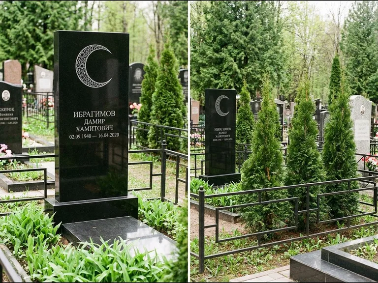Памятник с гравировкой полумесяца — гравировка полумесяца в геометрическом орнаменте-гирихе, работа «Ибрагимов» в Нижневартовске