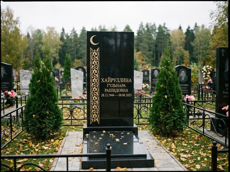 Памятник с гравировкой полумесяца — золочёный полумесяц и колонна растительного орнамента-ислими, работа «Хайруллина» в Нижневартовске