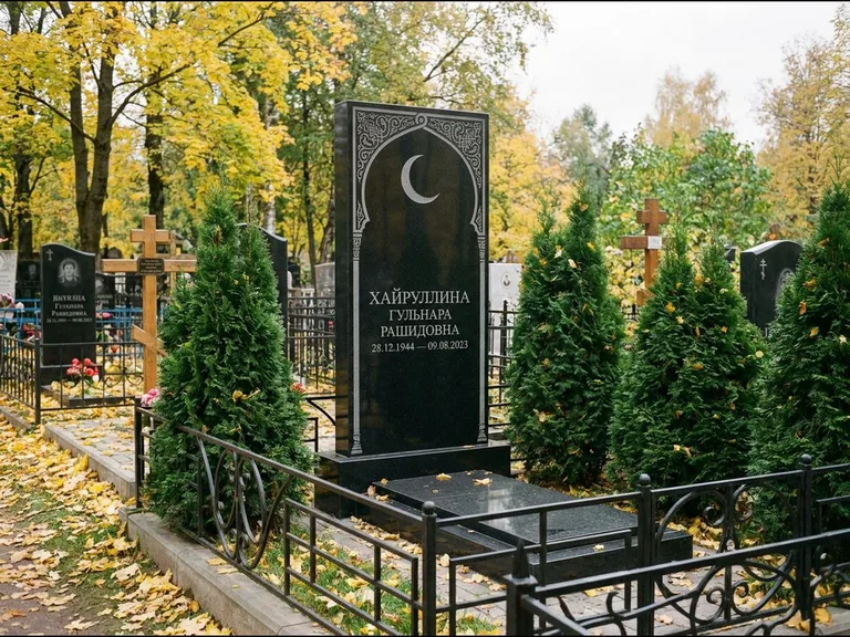 Памятник с гравировкой полумесяца — гравировка полумесяца в восточной арке с орнаментом, работа «Хайруллина» в Нижневартовске