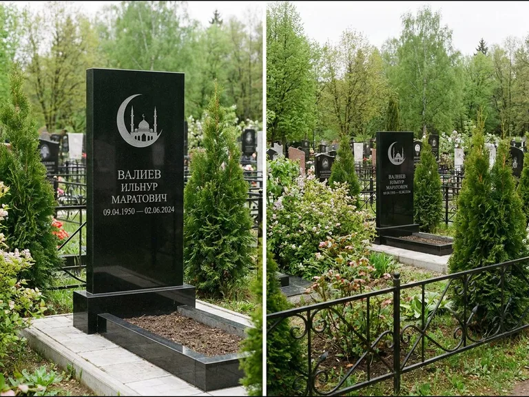 Памятник с гравировкой полумесяца — гравировка полумесяца над силуэтом мечети, работа «Валиев» в Нижневартовске