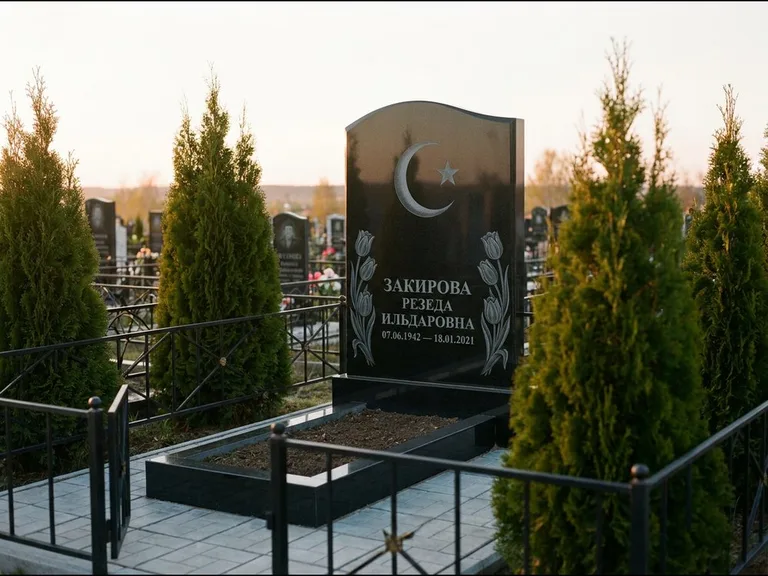 Памятник с гравировкой полумесяца — гравировка полумесяца со звездой и тюльпанами по бокам, работа «Закирова» в Нижневартовске