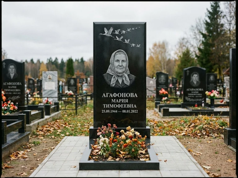 Гравировка журавлей на памятник в Нижневартовске — памятник из чёрного гранита с гравировкой