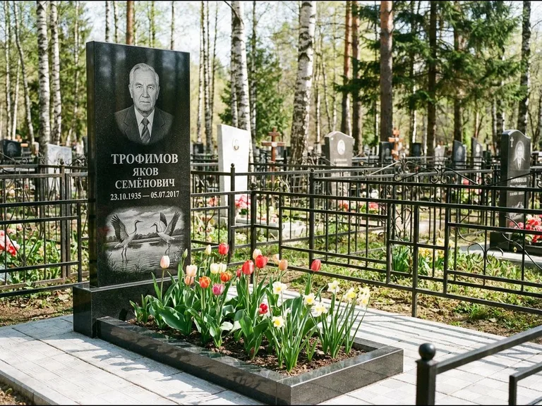 Памятник с гравировкой журавлей — гравировка пары журавлей над гладью озера в нижней части, работа «Трофимов» в Нижневартовске