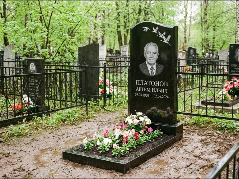 Памятник с гравировкой журавлей — белая гравировка клина журавлей, уходящего в верхний угол ст, работа «Платонов» в Нижневартовске