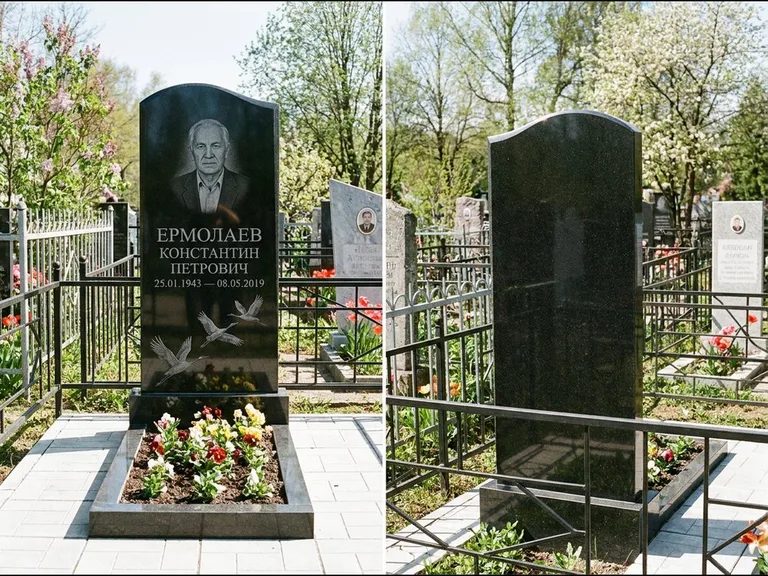 Памятник с гравировкой журавлей — гравировка трёх журавлей по диагонали через свободное поле с, работа «Ермолаев» в Нижневартовске