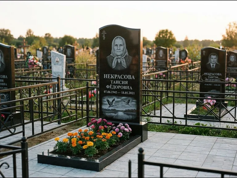 Памятник с гравировкой журавлей — гравировка пары журавлей над гладью озера в нижней части, работа «Некрасова» в Нижневартовске