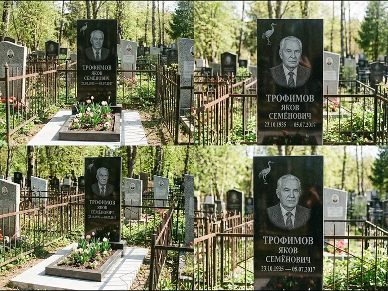 Памятник с гравировкой журавлей — гравировка одиночного летящего журавля над портретом, работа «Трофимов» в Нижневартовске