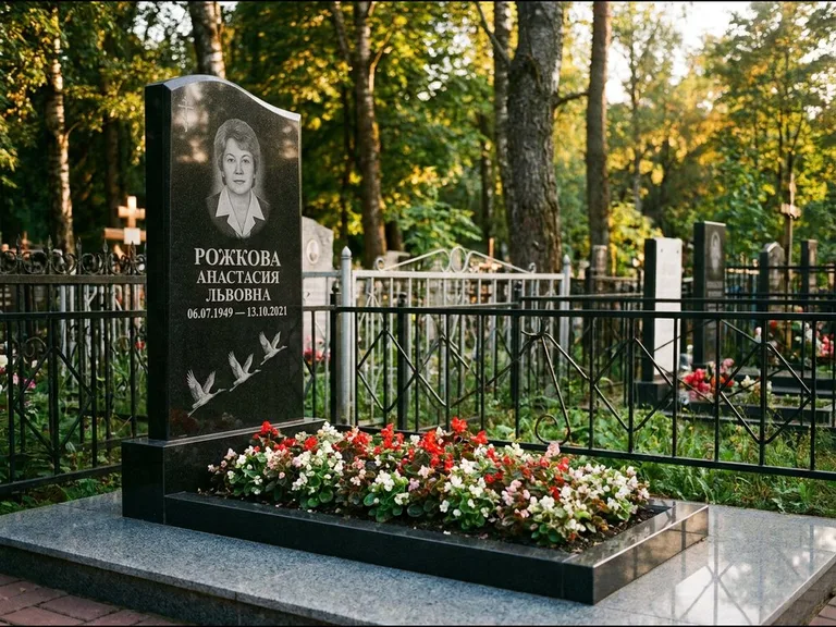 Памятник с гравировкой журавлей — гравировка трёх журавлей по диагонали через свободное поле с, работа «Рожкова» в Нижневартовске