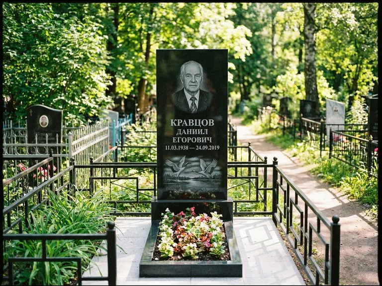 Памятник с гравировкой журавлей — гравировка пары журавлей над гладью озера в нижней части, работа «Кравцов» в Нижневартовске