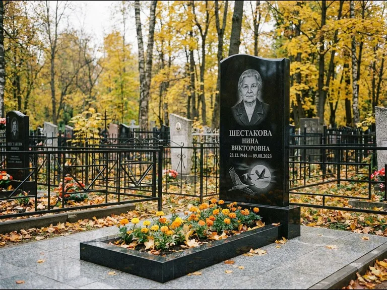 Памятник с гравировкой журавлей — гравировка клина журавлей на фоне солнечного диска, работа «Шестакова» в Нижневартовске