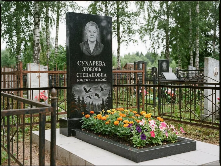 Памятник с гравировкой журавлей — гравировка силуэтов журавлей над еловым лесом, работа «Сухарева» в Нижневартовске