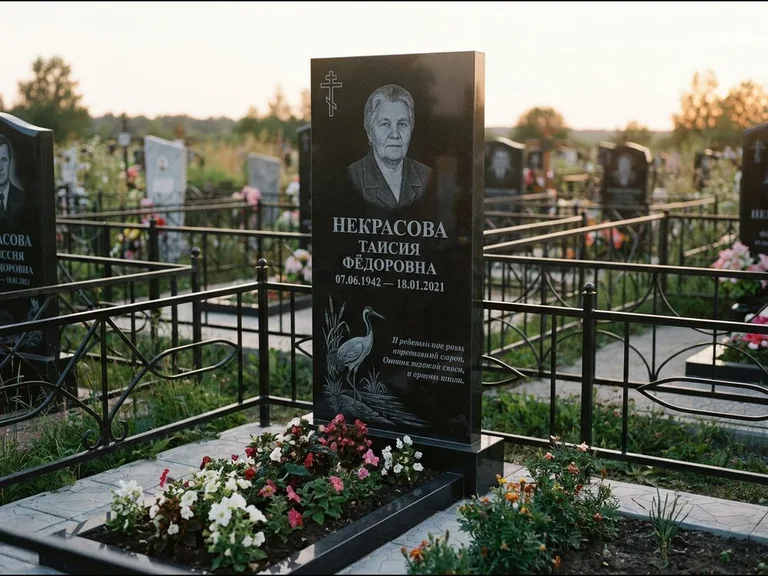Памятник с гравировкой журавлей — гравировка журавля у камышей рядом с эпитафией, работа «Некрасова» в Нижневартовске
