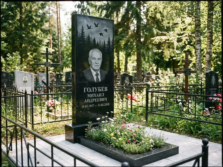 Памятник с гравировкой журавлей — гравировка силуэтов журавлей над еловым лесом, работа «Голубев» в Нижневартовске