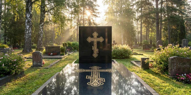 Гравировка креста на памятнике в Нижневартовске — православный восьмиконечный крест на граните