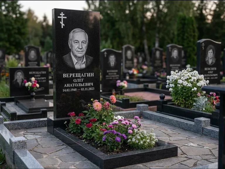 Памятник из чёрного гранита — горизонтальная плита-стела с православным восьмиконечным крестом, работа «Тихонов» в Нижневартовске