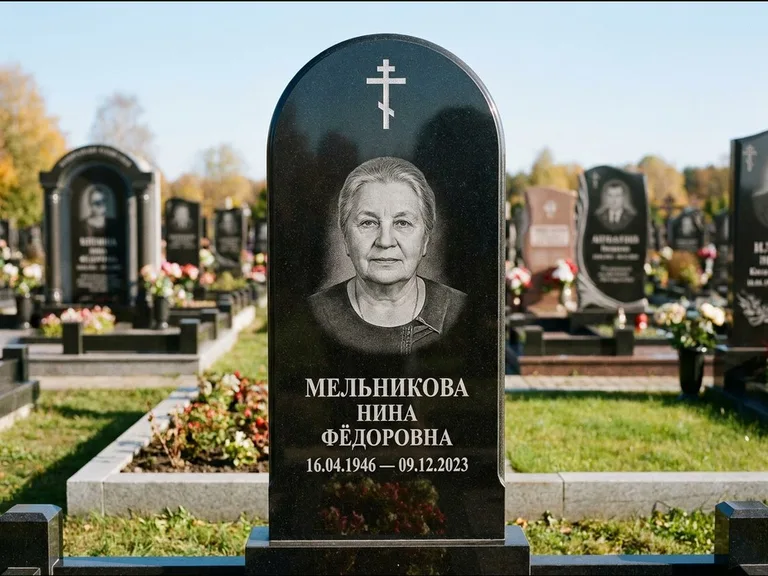 Памятник из чёрного гранита — стела с резным навершием с латинским крестом, работа «Савельева» в Нижневартовске