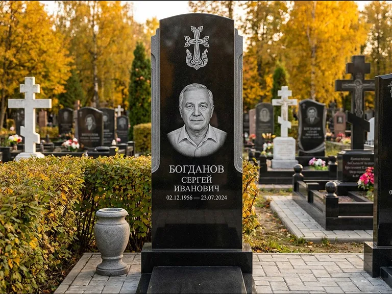 Памятник из чёрного гранита — круглая стела-медальон с армянским хачкаром, работа «Ковалёв» в Нижневартовске