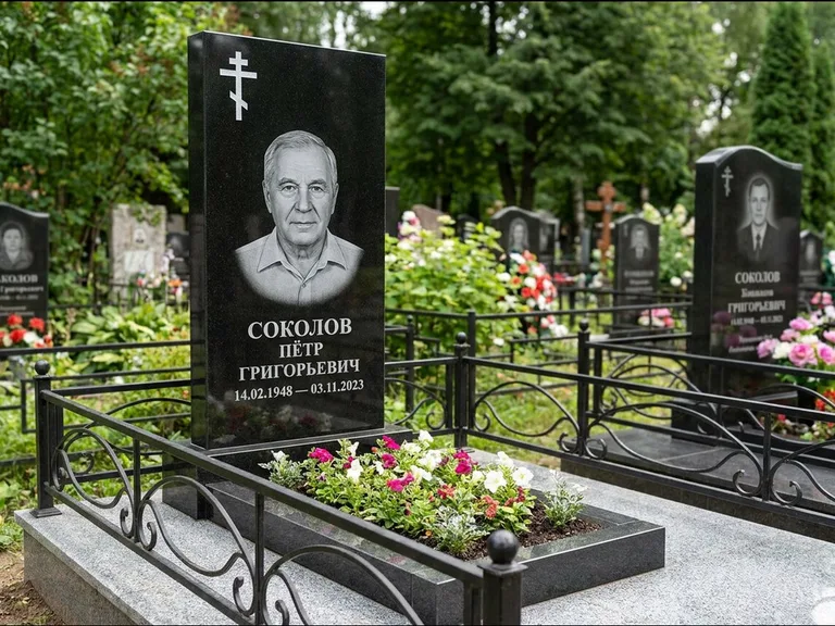 Памятник из чёрного гранита — стела с арочным верхом с православным восьмиконечным крестом, работа «Ковалёв» в Нижневартовске