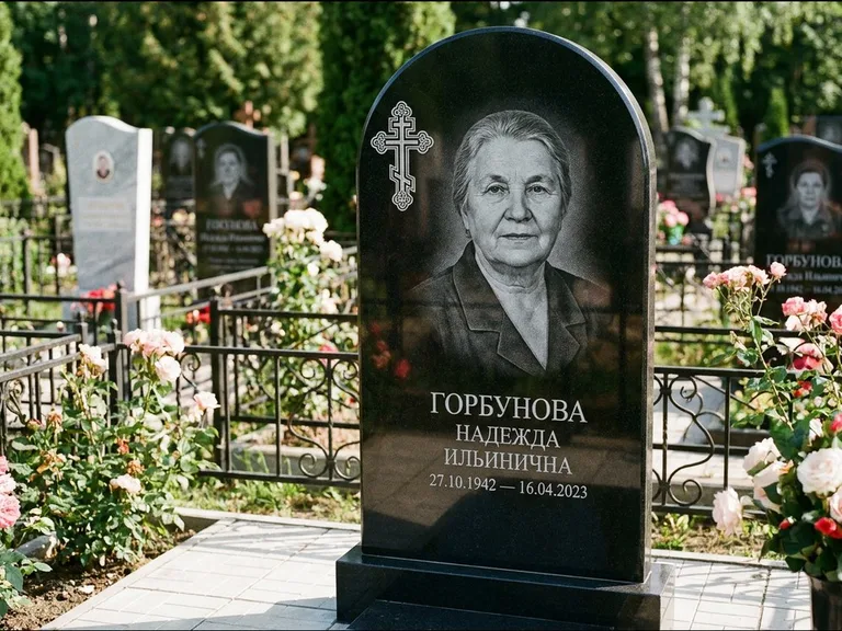 Памятник из чёрного гранита — стела с боковой колонной с крестом в лучах, работа «Мельникова» в Нижневартовске