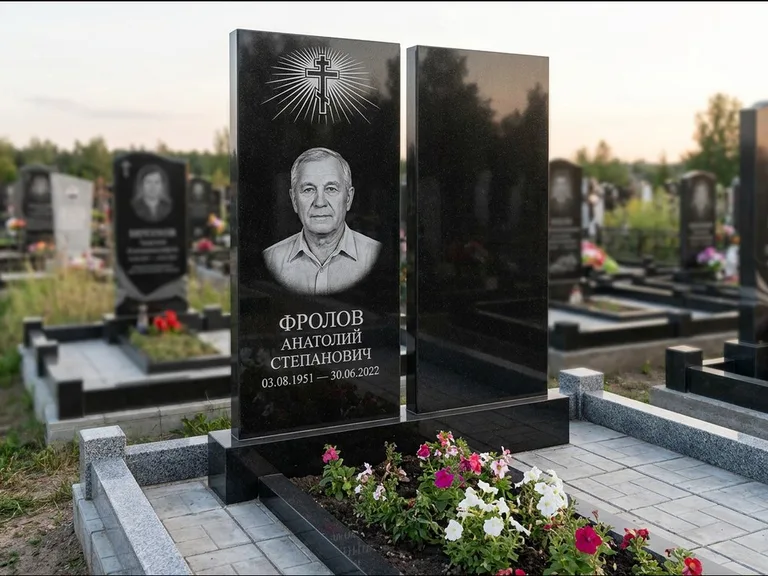 Памятник из чёрного гранита — стела на ступенчатом постаменте с золочёным крестом, работа «Богданов» в Нижневартовске