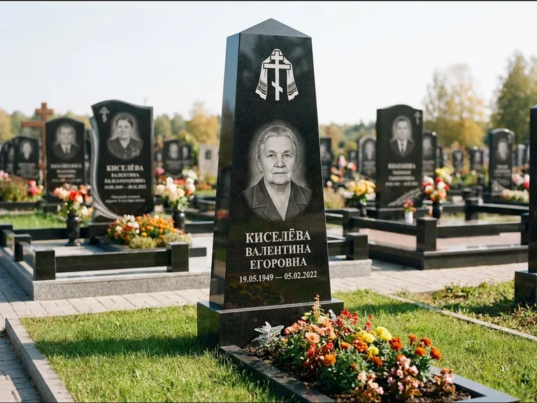 Памятник из чёрного гранита — стела со скошенным верхом с ажурным резным крестом, работа «Селезнёва» в Нижневартовске