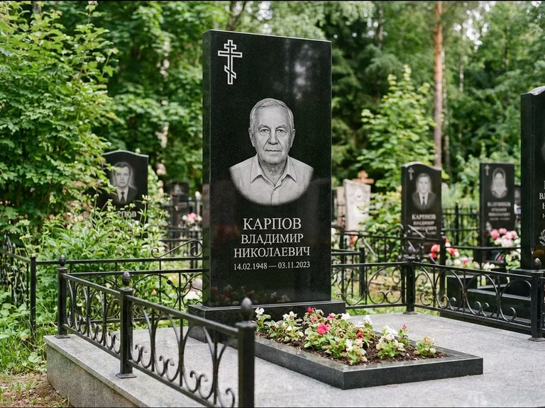 Памятник из чёрного гранита — узкая стела с ажурным крестом с православным восьмиконечным крестом, работа «Гущин» в Нижневартовске