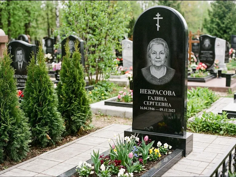 Памятник из чёрного гранита — стела с цветником-плитой с латинским крестом, работа «Лаврентьева» в Нижневартовске