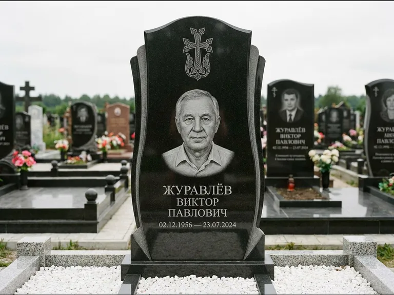 Памятник из чёрного гранита — панорамная стела с армянским хачкаром, работа «Тихонов» в Нижневартовске