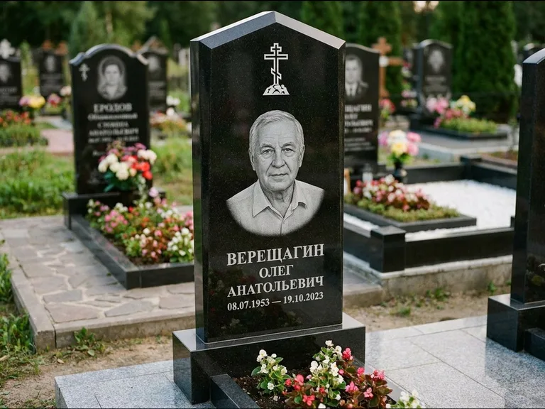 Памятник из чёрного гранита — обелиск-колонна с крестом на Голгофе, работа «Ковалёв» в Нижневартовске