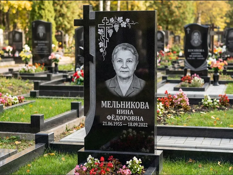 Памятник из чёрного гранита — стела с резной рамкой с крестом с распятием, работа «Некрасова» в Нижневартовске