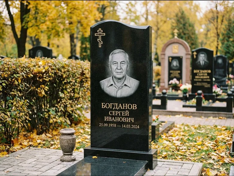 Памятник из чёрного гранита — стела с цветником с процветшим крестом с виноградной лозой, работа «Журавлёв» в Нижневартовске