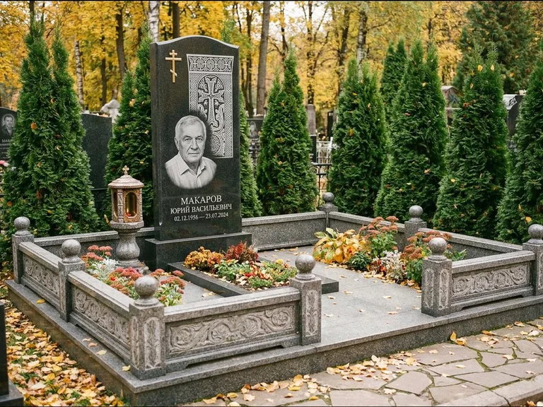Памятник из чёрного гранита — стела с крестом и лампадой с армянским хачкаром, работа «Гущин» в Нижневартовске