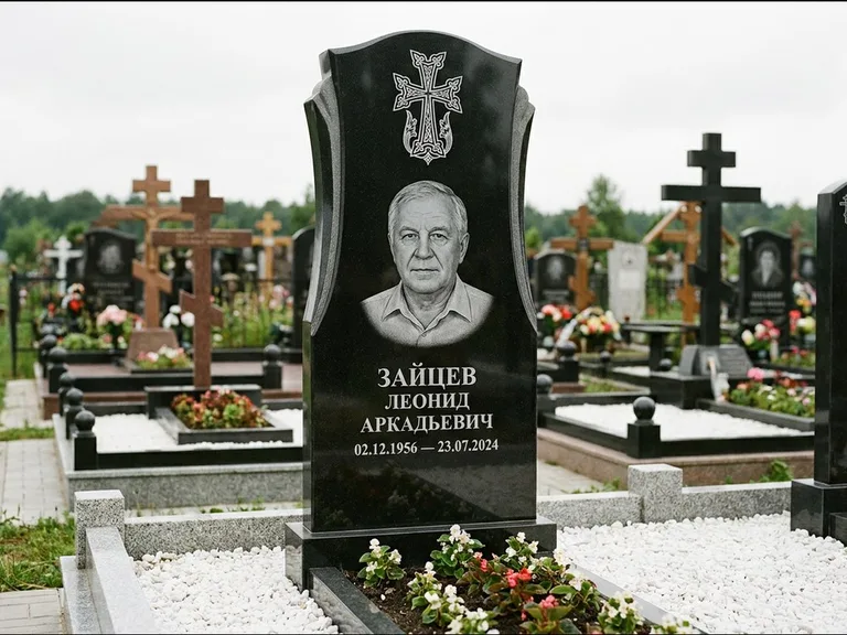 Памятник из чёрного гранита — семейная стела на двоих с армянским хачкаром, работа «Журавлёв» в Нижневартовске