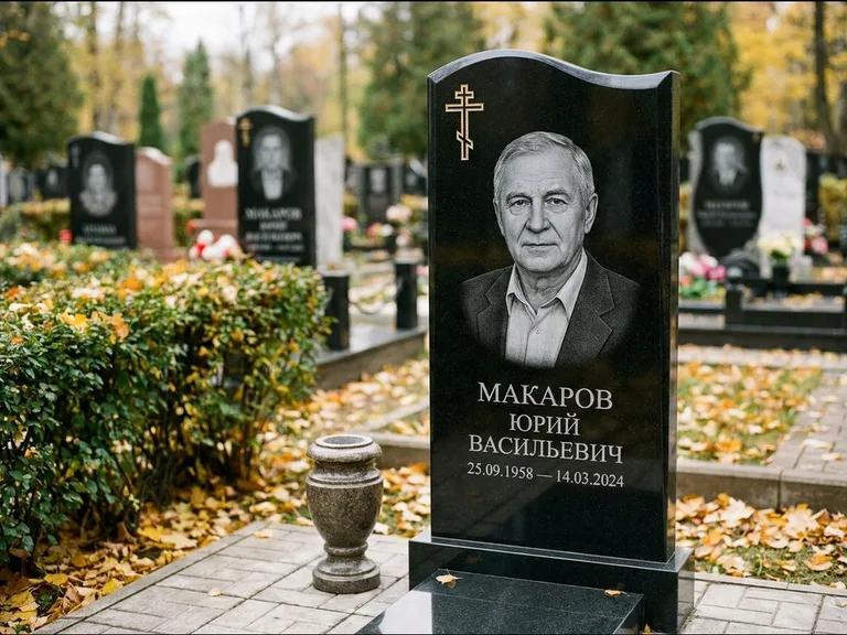 Памятник из чёрного гранита — фигурная стела с киот-нишей с процветшим крестом с виноградной лозой, работа «Богданов» в Нижневартовске