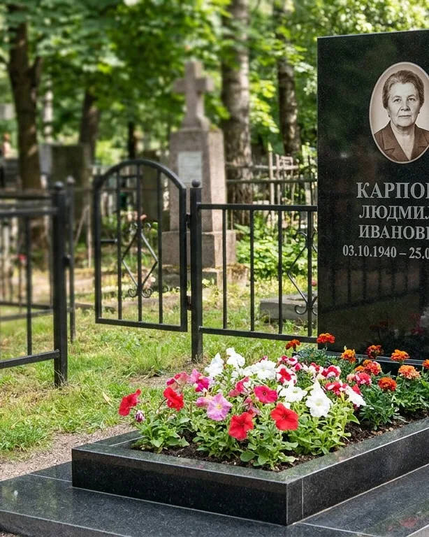 Памятник под ключ с низкой оградой и цветником в Нижневартовске