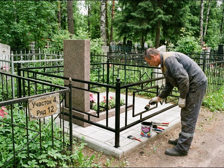 Покраска оградки на кладбище в Нижневартовске — мастер красит металлическую ограду на могиле чёрной эмалью