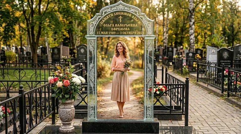 Портрет на стекле в форме арки на памятнике в Нижневартовске