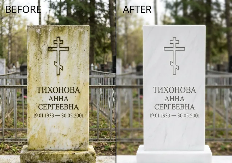 Восстановление мраморного надгробия от желтизны: до и после в Нижневартовске