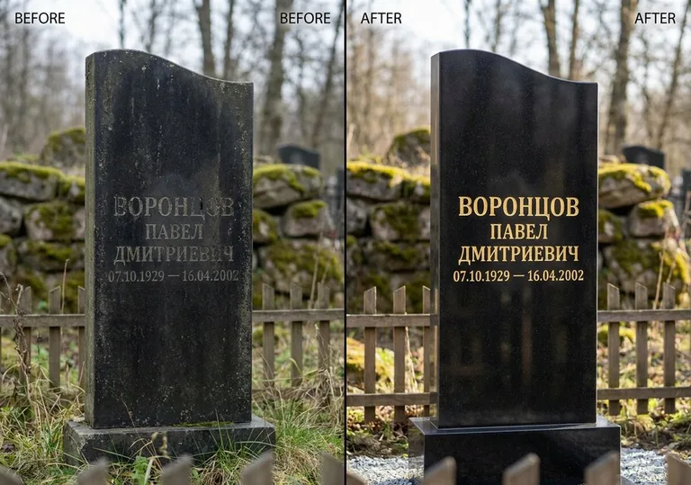 Золочение и обновление надписей на памятнике: до и после в Нижневартовске
