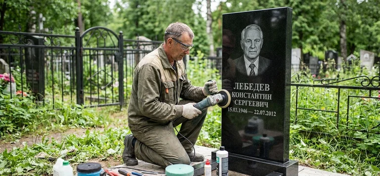 Реставрация памятника в Нижневартовске — восстановление гранита, заделка трещин и обновление надписей на кладбище