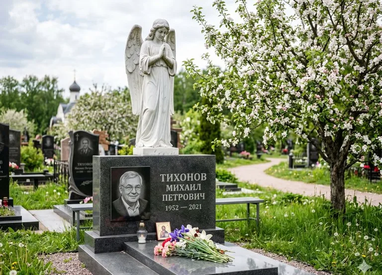 Мраморный молящийся ангел на гранитном памятнике весной в Нижневартовске