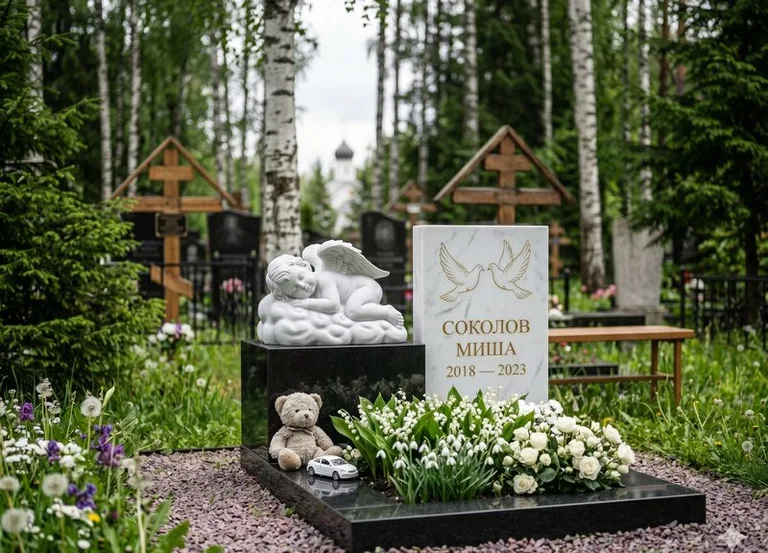 Белый ангелочек на детском памятнике в Нижневартовске