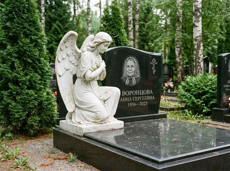 Белый мраморный ангел на гранитном памятнике в Нижневартовске