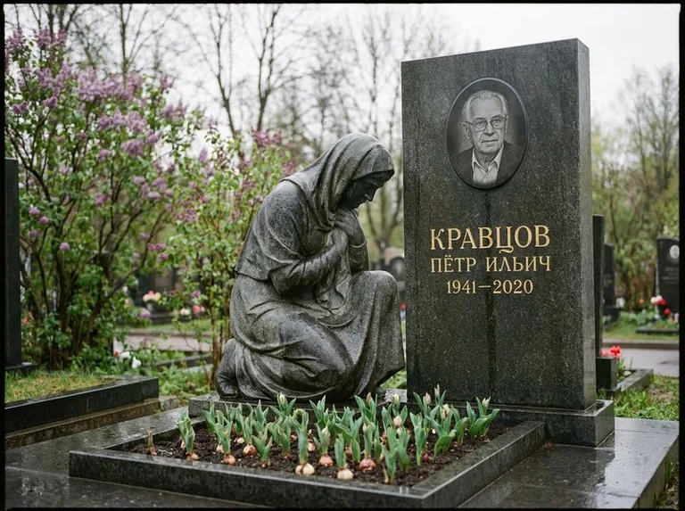 Гранитная скорбящая фигура у стелы на кладбище в Нижневартовске