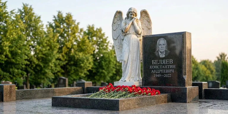 Скульптура на памятник в Нижневартовске — мраморный ангел на гранитном мемориале