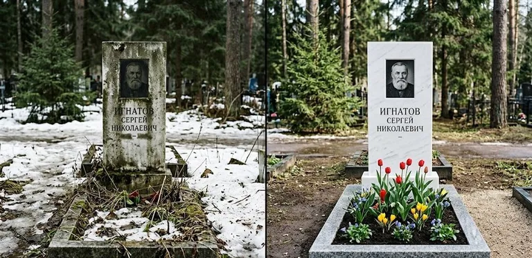 Диптих №6: высадка хризантем у подножия серого гранита — до и после уборки в Нижневартовске
