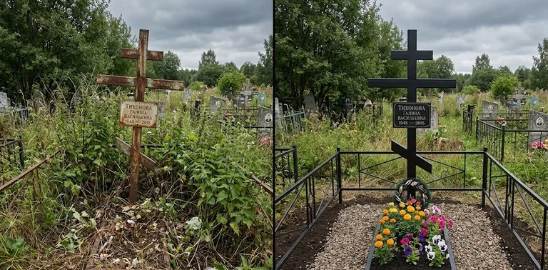 Уборка могилы до и после в пасмурный день — крест в Нижневартовске